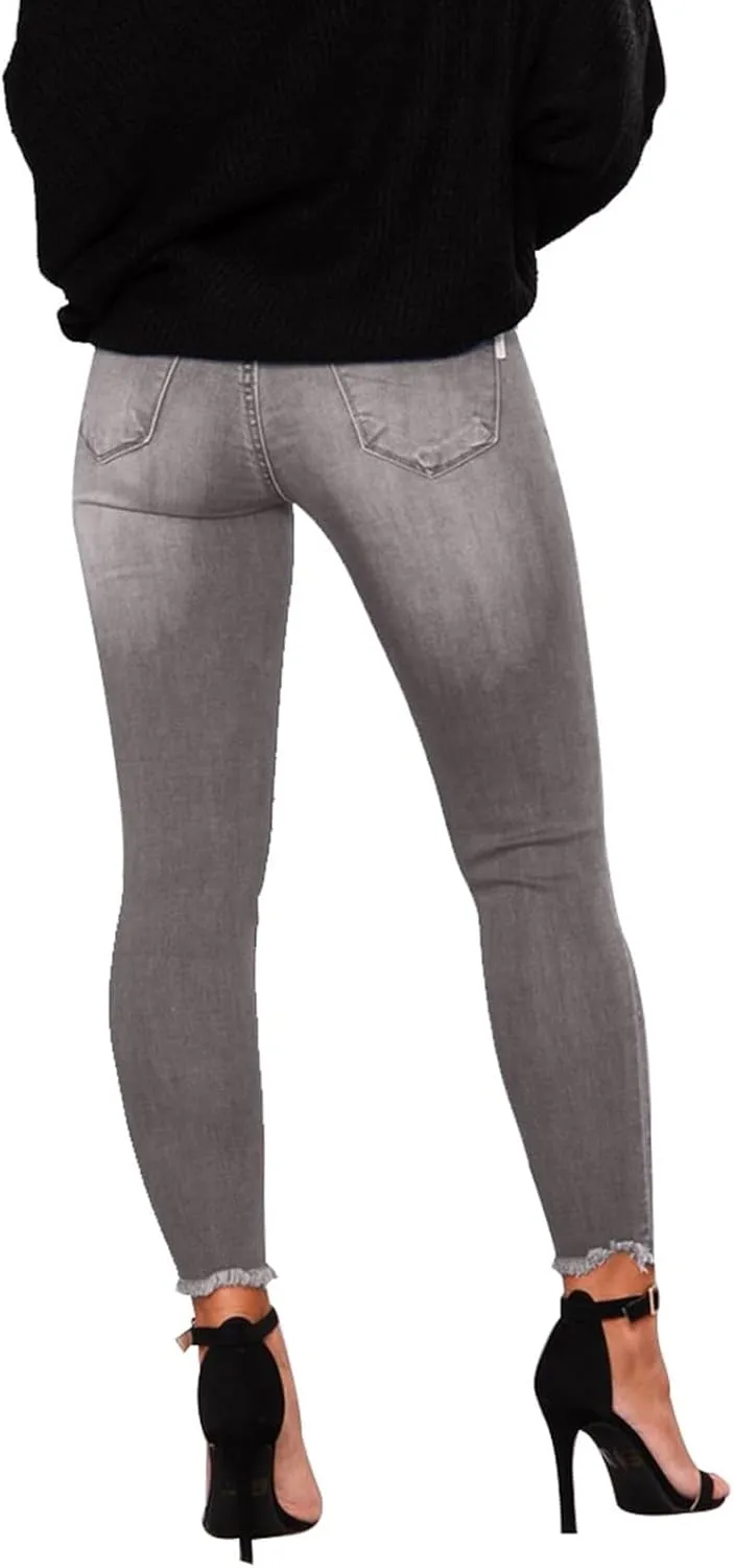 Ripped Jeans Womens Stretchy Low Rise Jeans Trendy Tummy Control Skinny Jeans Raw Hem Distressed Denim Leggings