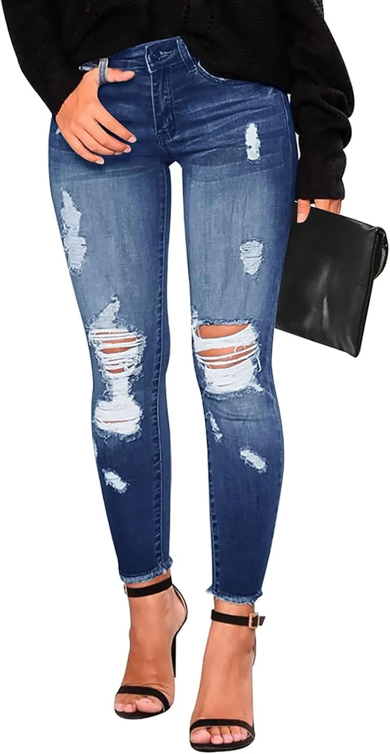 Ripped Jeans Womens Stretchy Low Rise Jeans Trendy Tummy Control Skinny Jeans Raw Hem Distressed Denim Leggings