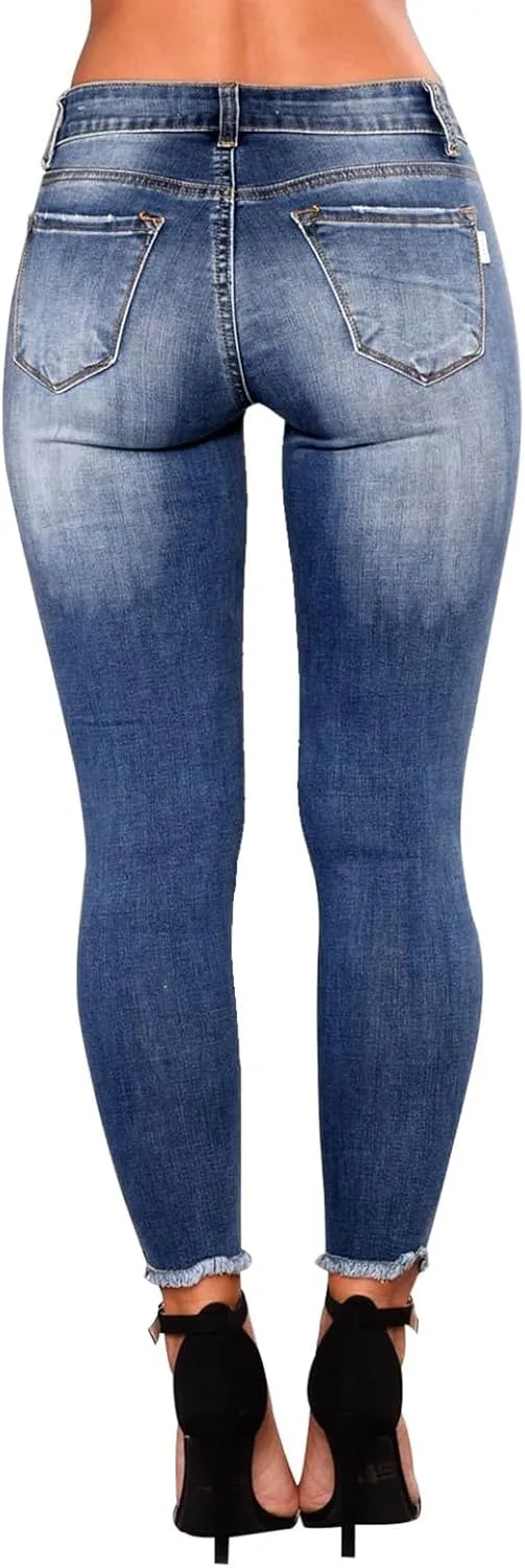 Ripped Jeans Womens Stretchy Low Rise Jeans Trendy Tummy Control Skinny Jeans Raw Hem Distressed Denim Leggings