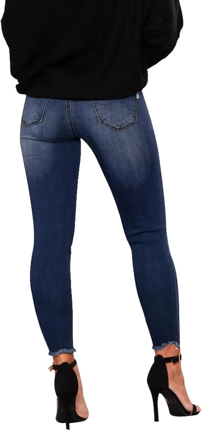 Ripped Jeans Womens Stretchy Low Rise Jeans Trendy Tummy Control Skinny Jeans Raw Hem Distressed Denim Leggings
