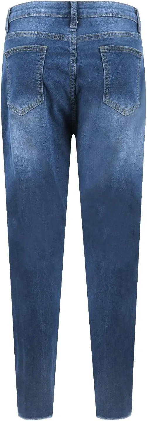 Ripped Jeans Womens Stretchy Low Rise Jeans Trendy Tummy Control Skinny Jeans Raw Hem Distressed Denim Leggings