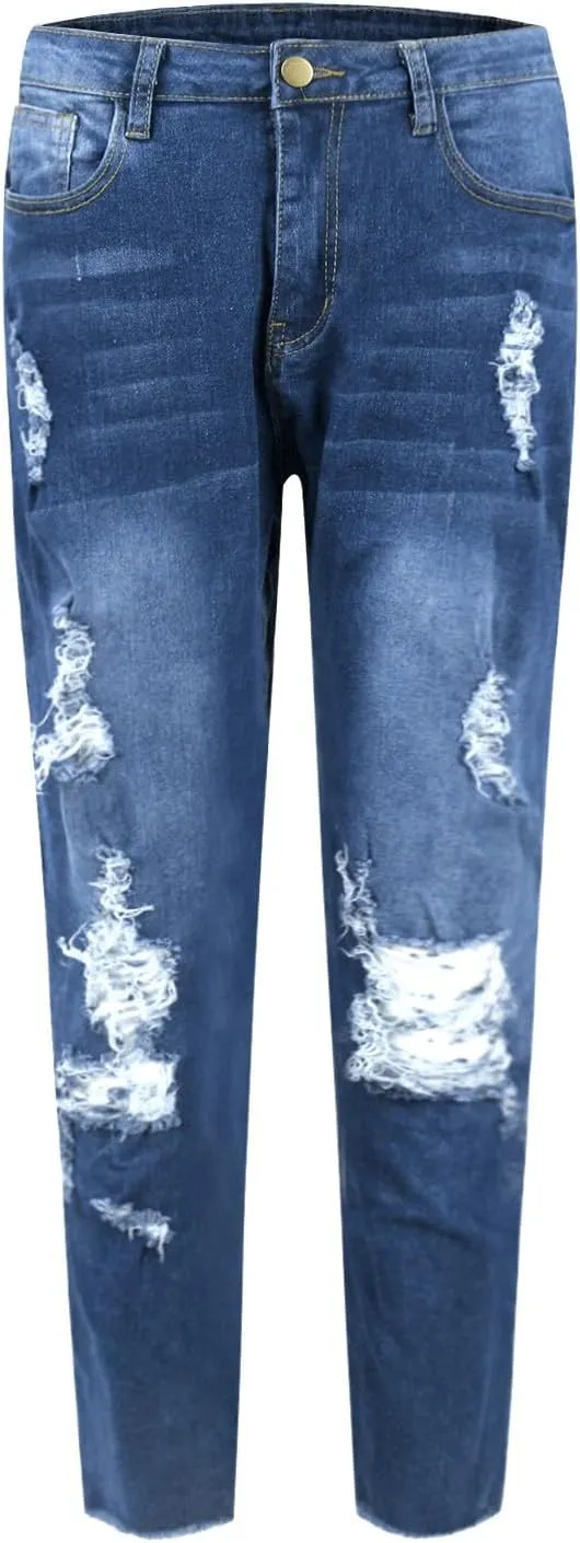 Ripped Jeans Womens Stretchy Low Rise Jeans Trendy Tummy Control Skinny Jeans Raw Hem Distressed Denim Leggings
