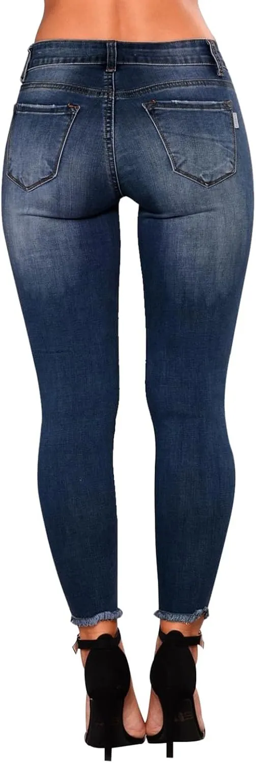 Ripped Jeans Womens Stretchy Low Rise Jeans Trendy Tummy Control Skinny Jeans Raw Hem Distressed Denim Leggings