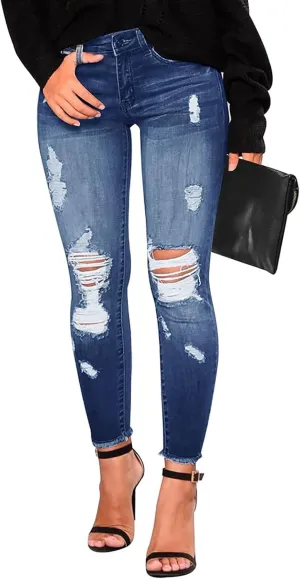 Ripped Jeans Womens Stretchy Low Rise Jeans Trendy Tummy Control Skinny Jeans Raw Hem Distressed Denim Leggings