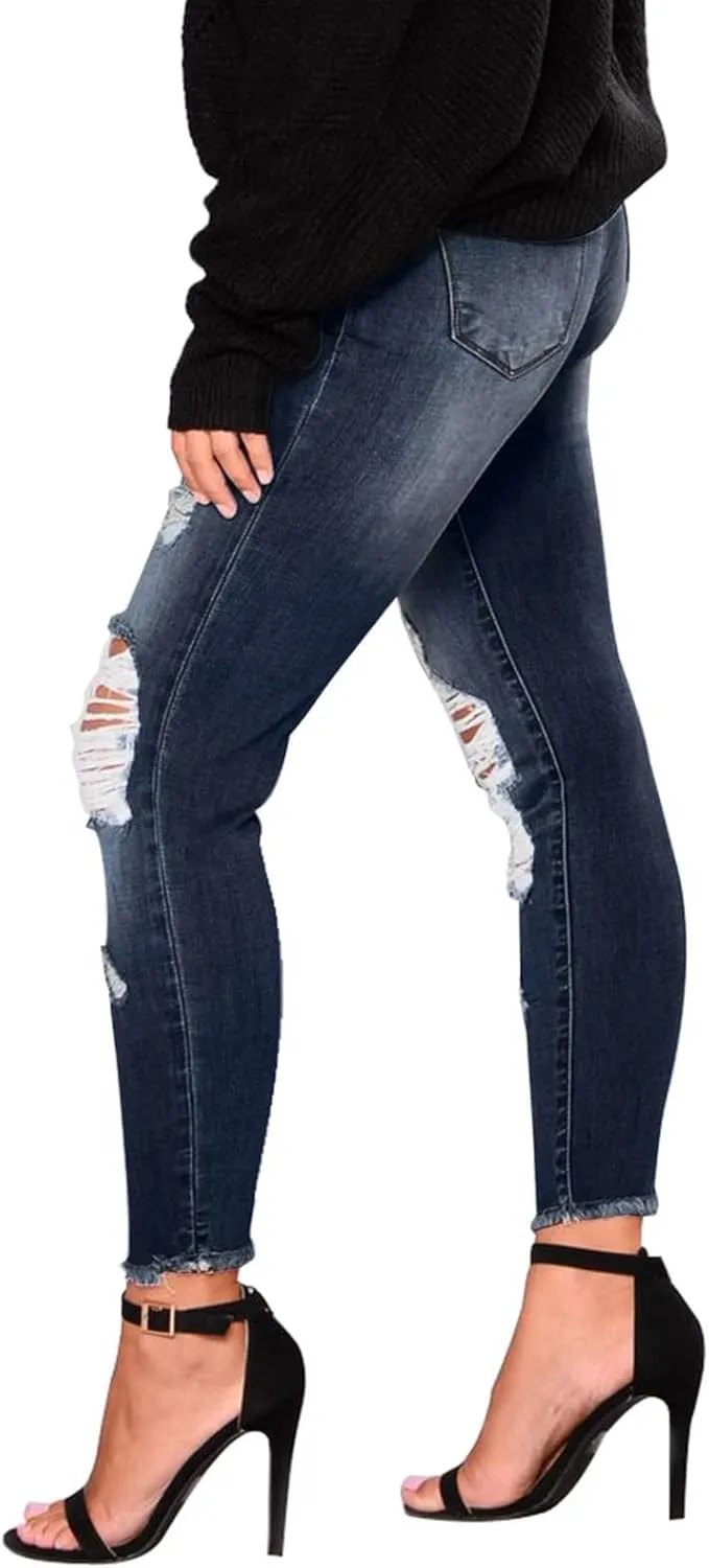 Ripped Jeans Womens Stretchy Low Rise Jeans Trendy Tummy Control Skinny Jeans Raw Hem Distressed Denim Leggings