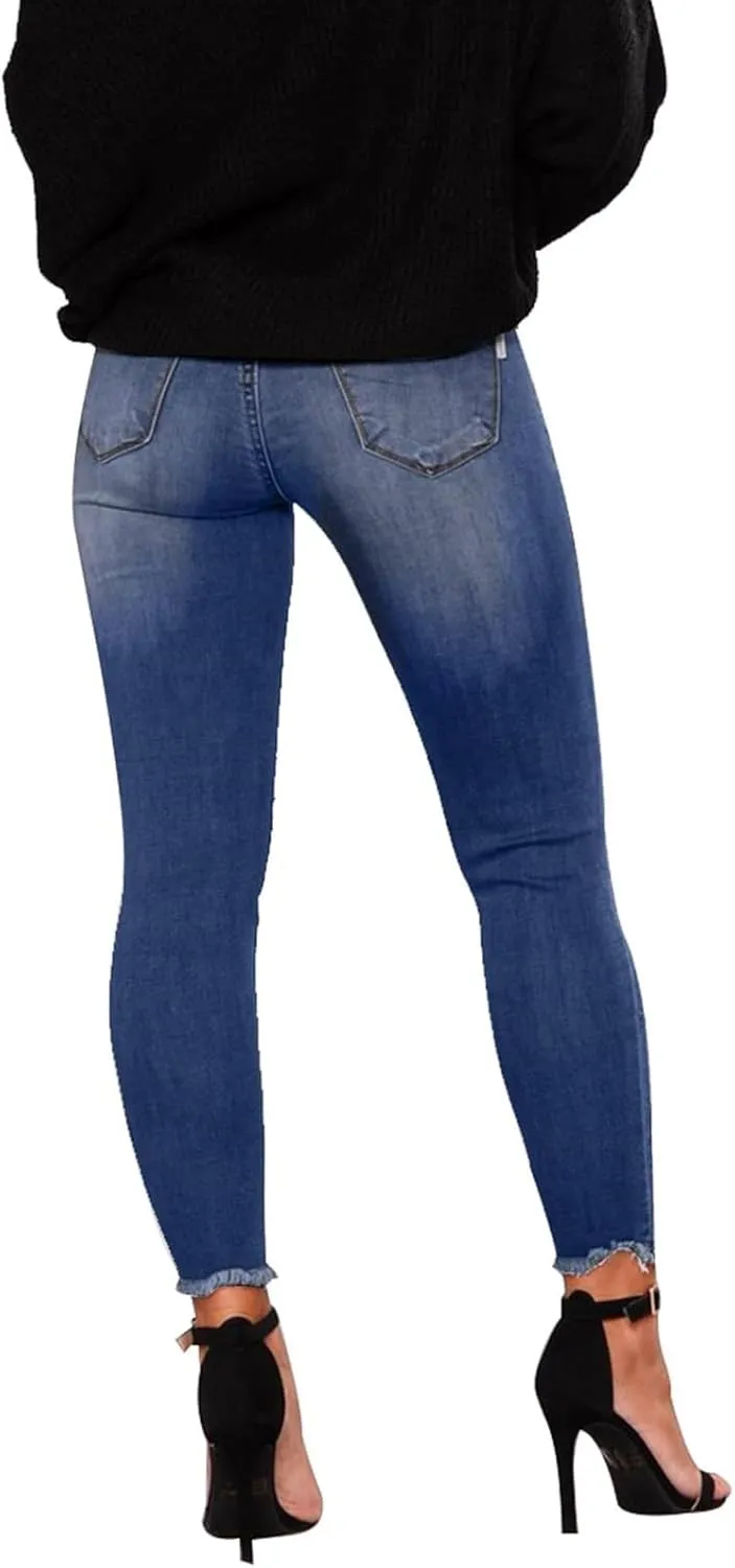 Ripped Jeans Womens Stretchy Low Rise Jeans Trendy Tummy Control Skinny Jeans Raw Hem Distressed Denim Leggings