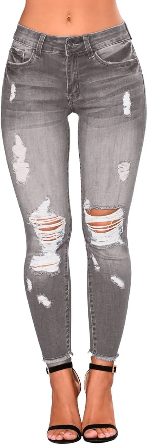 Ripped Jeans Womens Stretchy Low Rise Jeans Trendy Tummy Control Skinny Jeans Raw Hem Distressed Denim Leggings