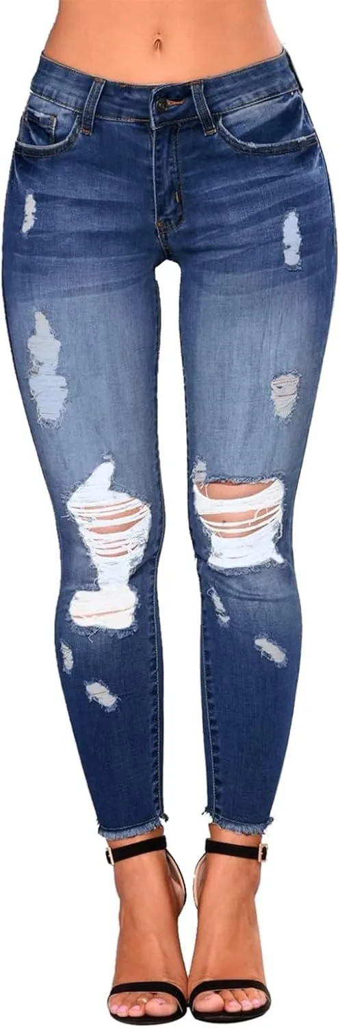 Ripped Jeans Womens Stretchy Low Rise Jeans Trendy Tummy Control Skinny Jeans Raw Hem Distressed Denim Leggings