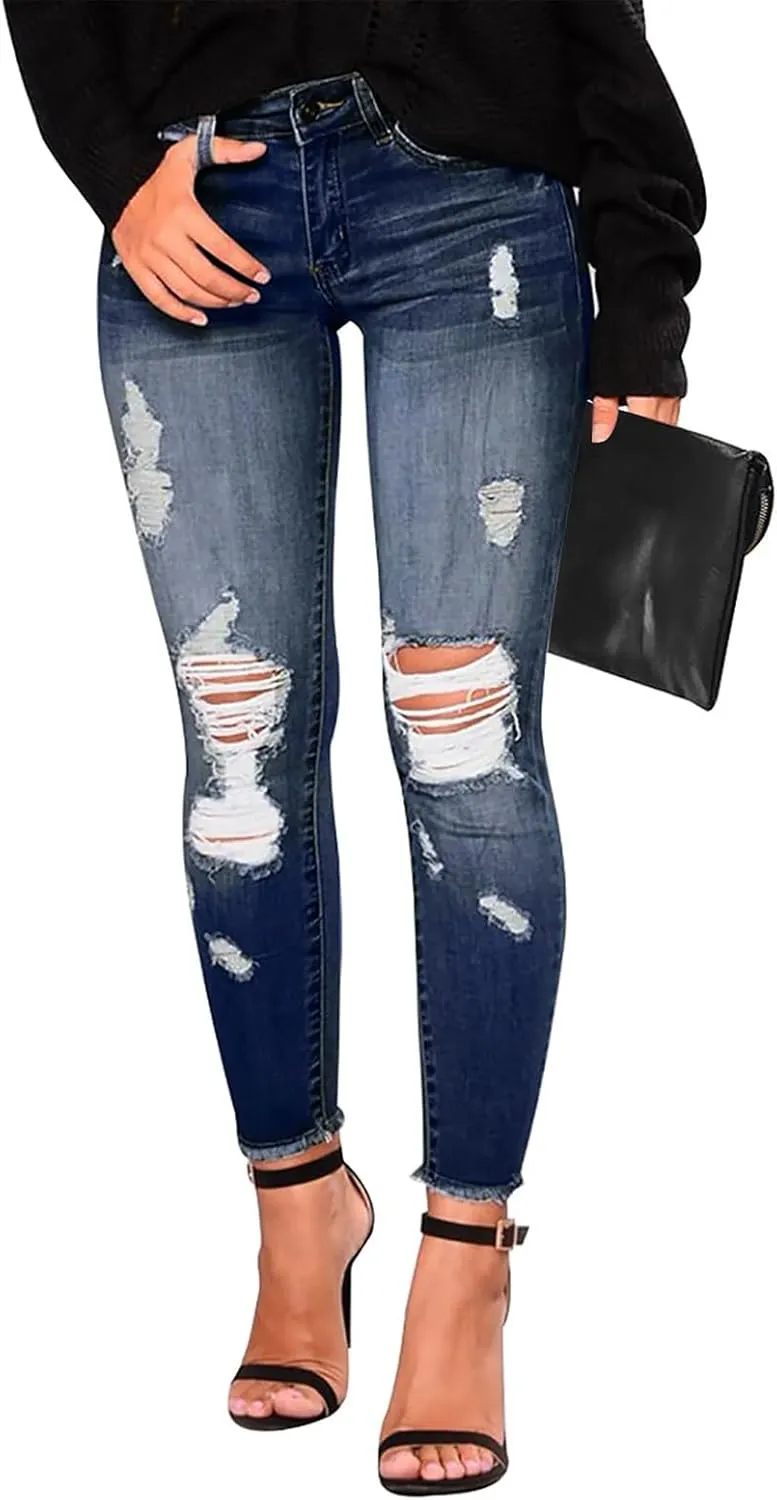 Ripped Jeans Womens Stretchy Low Rise Jeans Trendy Tummy Control Skinny Jeans Raw Hem Distressed Denim Leggings