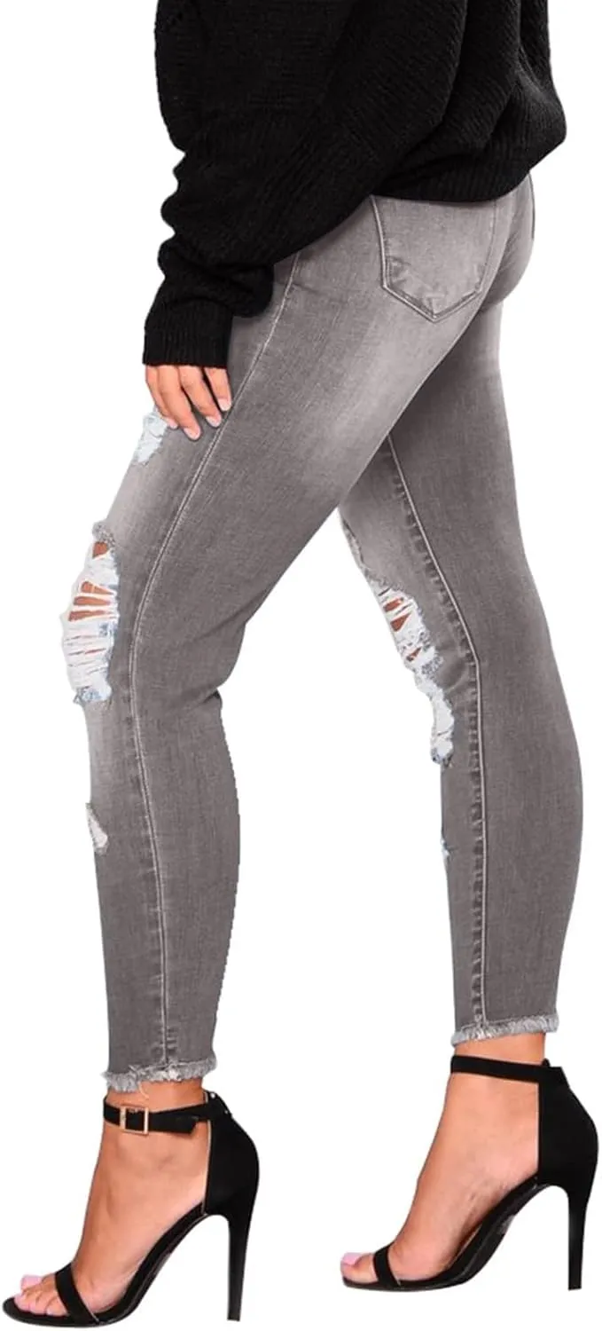Ripped Jeans Womens Stretchy Low Rise Jeans Trendy Tummy Control Skinny Jeans Raw Hem Distressed Denim Leggings
