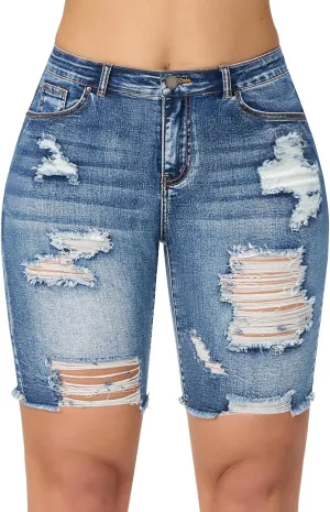 roswear Women's High Waisted Ripped Bermuda Denim Shorts Stretchy Knee Length Jean Shorts