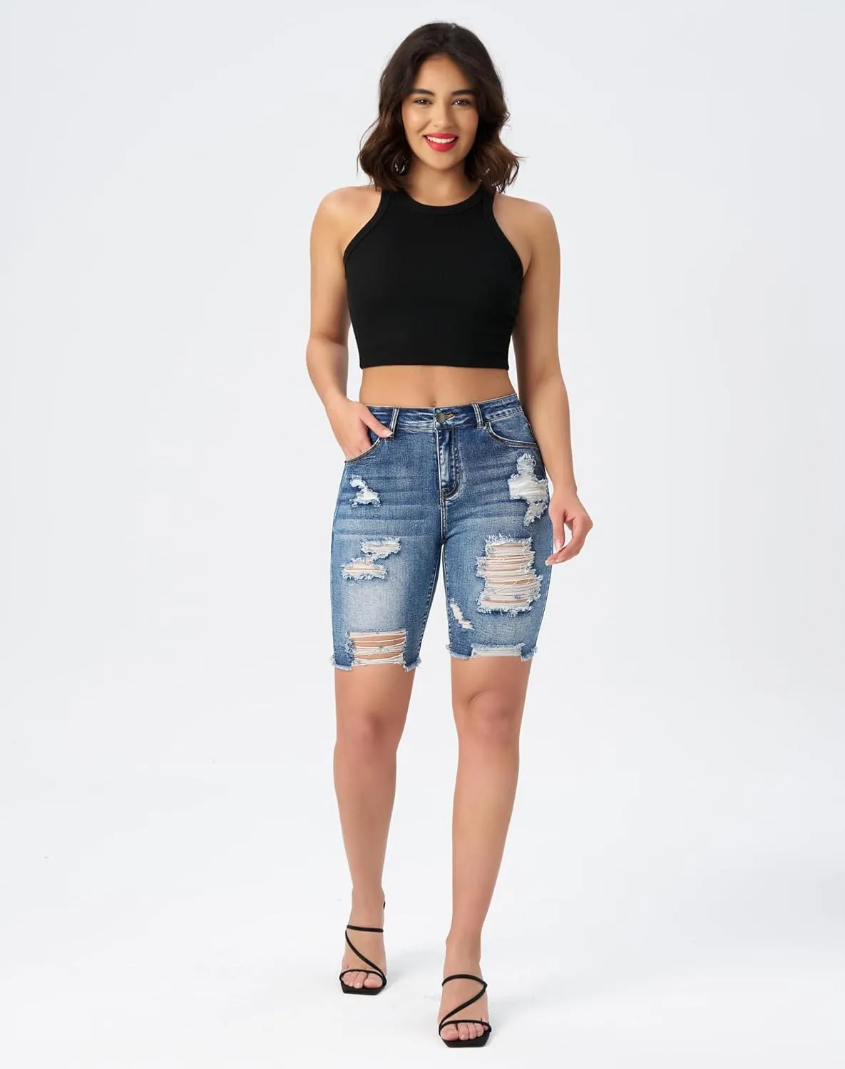 roswear Women's High Waisted Ripped Bermuda Denim Shorts Stretchy Knee Length Jean Shorts