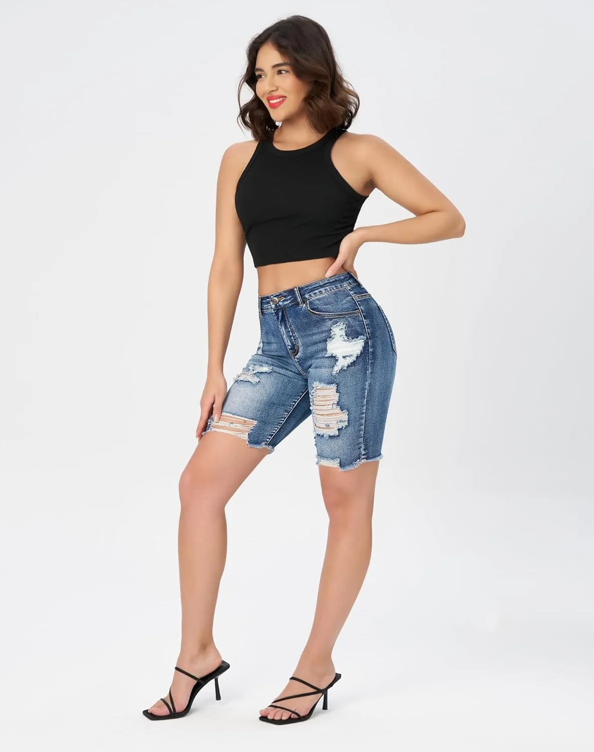 roswear Women's High Waisted Ripped Bermuda Denim Shorts Stretchy Knee Length Jean Shorts