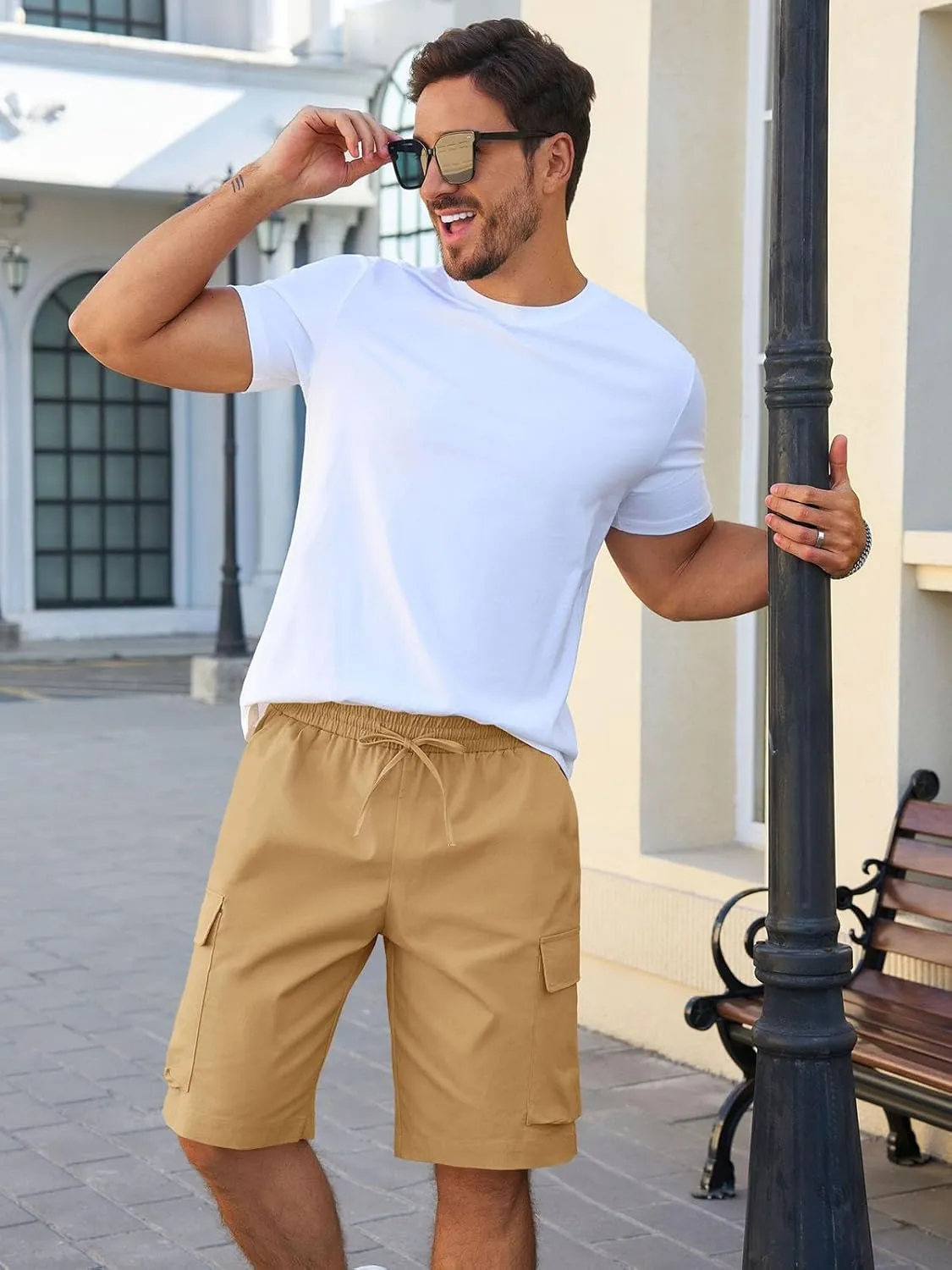 Runcati Mens Cargo Shorts Chino Cotton Drawstring Casual Shorts Summer Twill Outdoor Short Pants