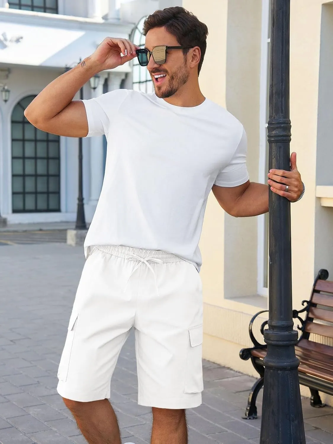 Runcati Mens Cargo Shorts Chino Cotton Drawstring Casual Shorts Summer Twill Outdoor Short Pants