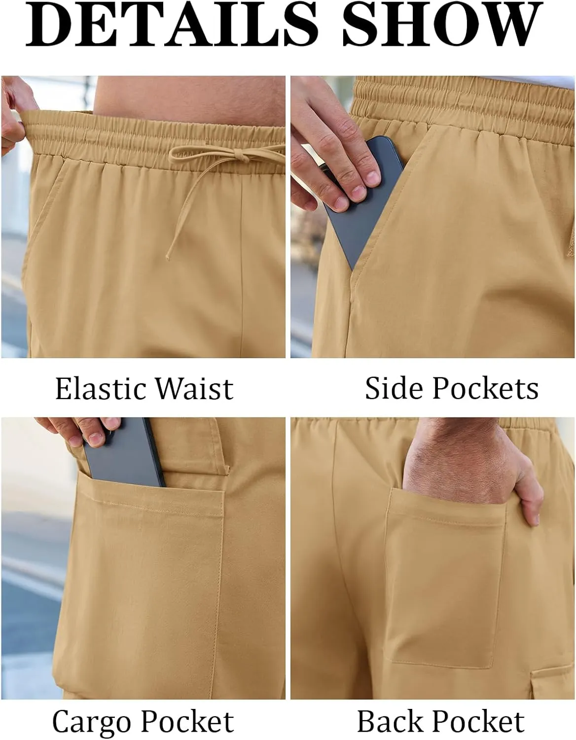 Runcati Mens Cargo Shorts Chino Cotton Drawstring Casual Shorts Summer Twill Outdoor Short Pants
