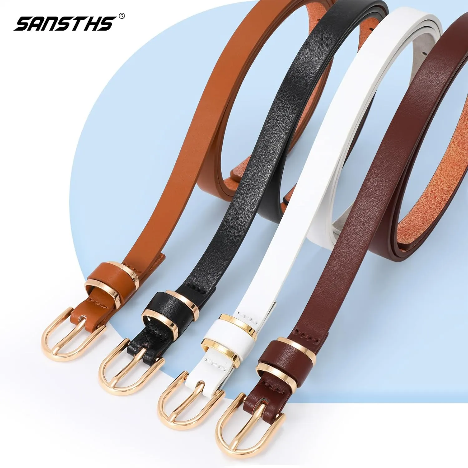 SANSTHS 4 Pack Women Thin Belts for Jeans Dresses Coats Skinny Women Belt with Gold Alloy Buckle