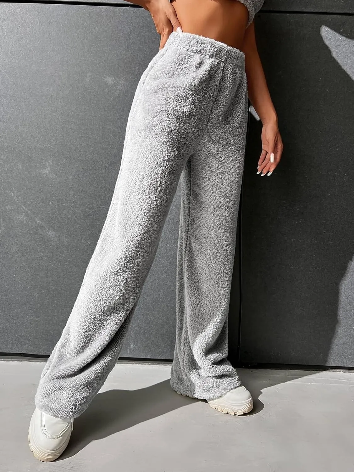 SECOLI Women's Straight Wide Leg Trousers Pants Light Grey Casual High Waist Flannel Straight Leg Pants