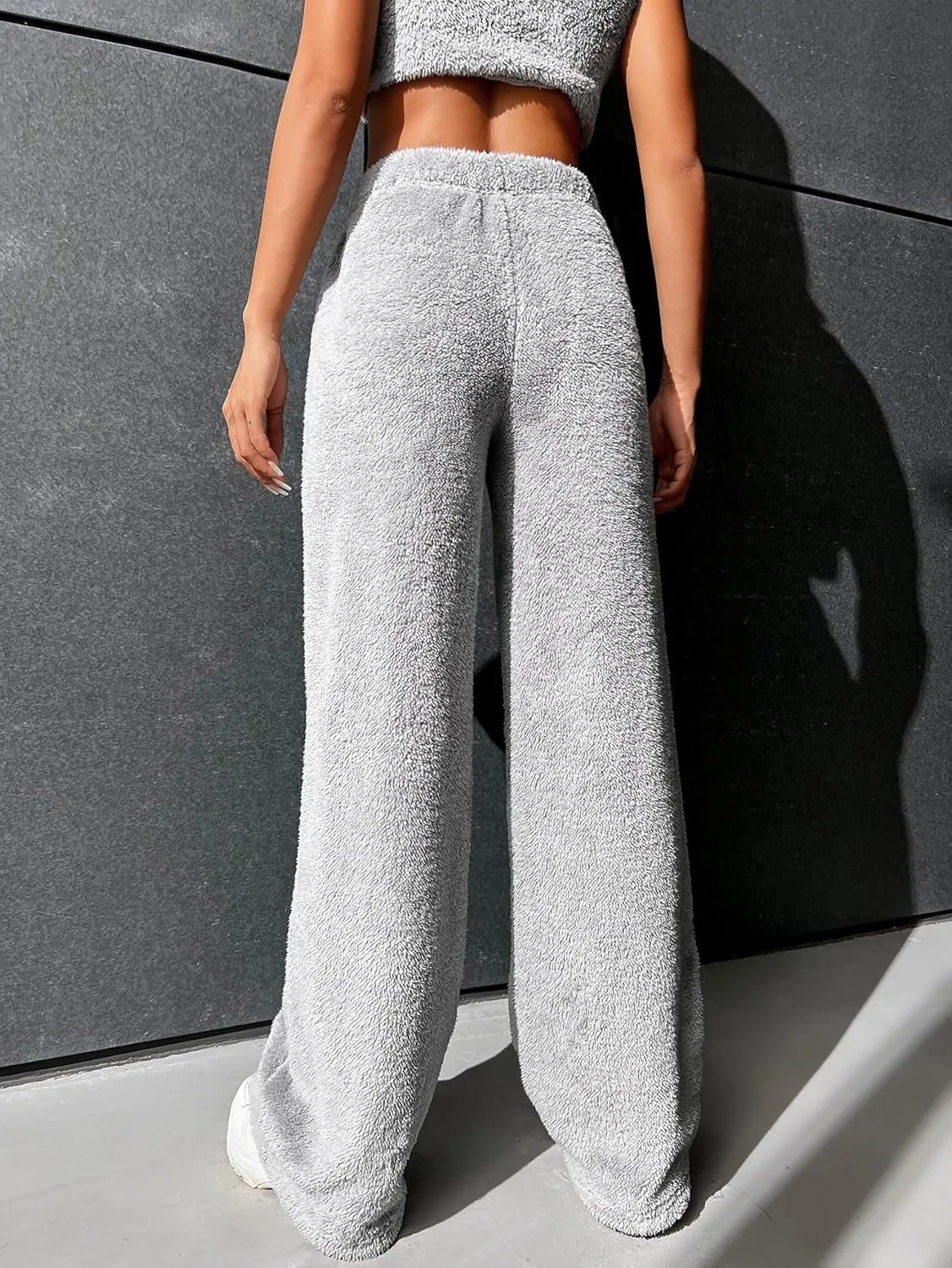 SECOLI Women's Straight Wide Leg Trousers Pants Light Grey Casual High Waist Flannel Straight Leg Pants