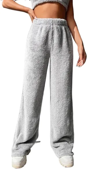 SECOLI Women's Straight Wide Leg Trousers Pants Light Grey Casual High Waist Flannel Straight Leg Pants
