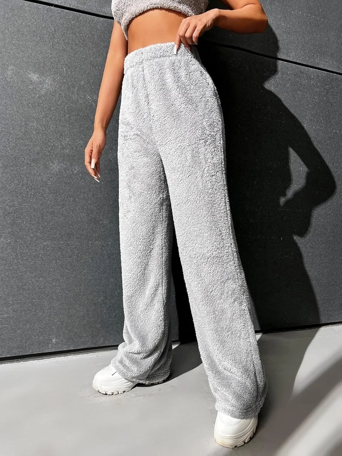SECOLI Women's Straight Wide Leg Trousers Pants Light Grey Casual High Waist Flannel Straight Leg Pants
