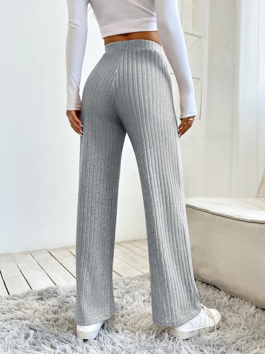 SECOLI Women's Straight Wide Leg Trousers Pants Light Grey Casual High Waist Straight Leg Pants