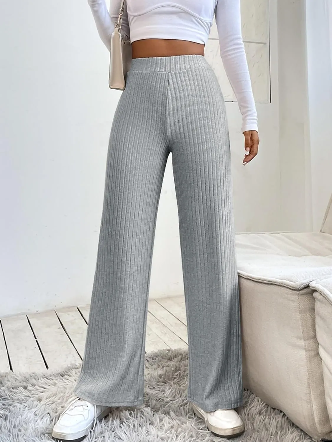 SECOLI Women's Straight Wide Leg Trousers Pants Light Grey Casual High Waist Straight Leg Pants