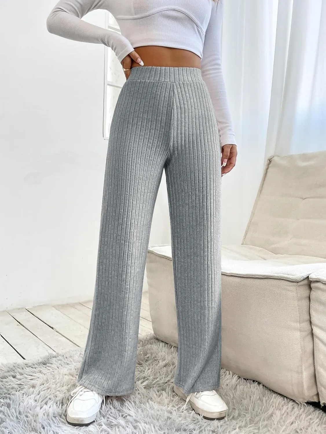 SECOLI Women's Straight Wide Leg Trousers Pants Light Grey Casual High Waist Straight Leg Pants