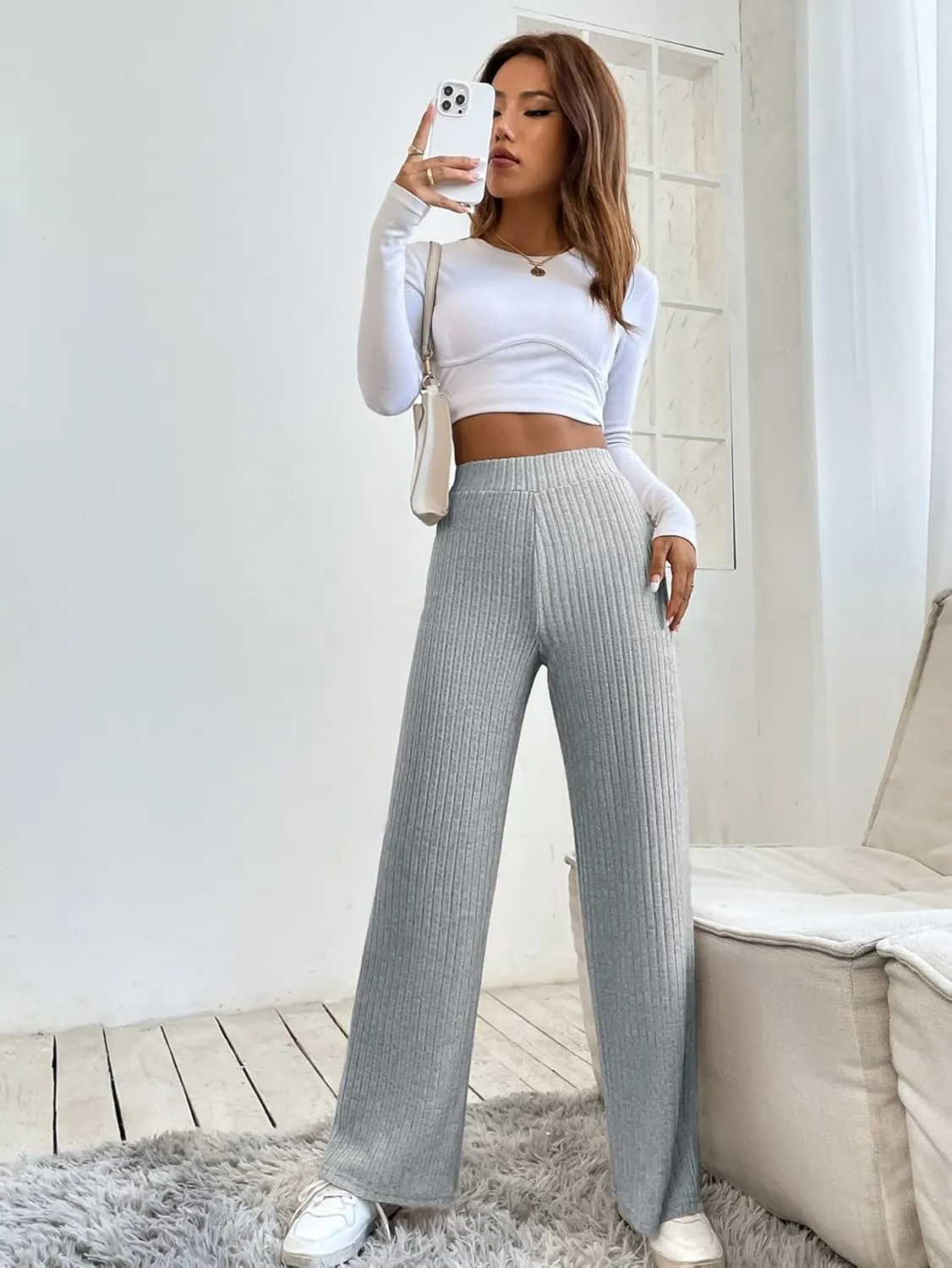 SECOLI Women's Straight Wide Leg Trousers Pants Light Grey Casual High Waist Straight Leg Pants