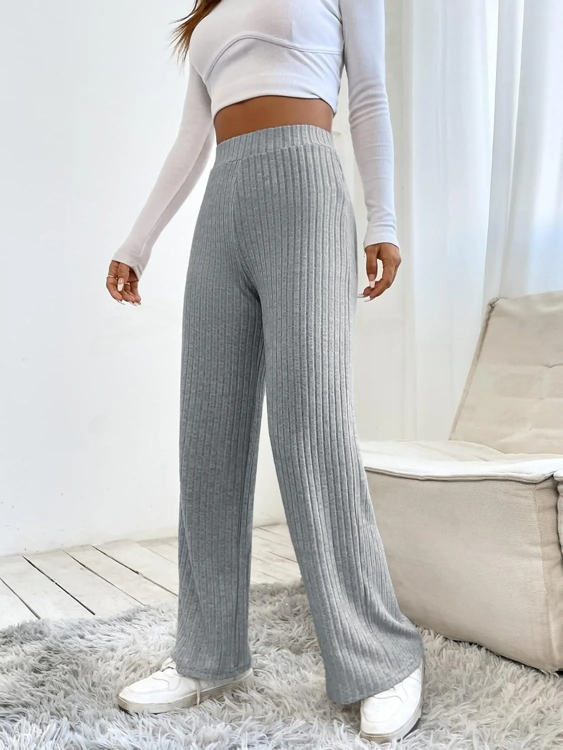 SECOLI Women's Straight Wide Leg Trousers Pants Light Grey Casual High Waist Straight Leg Pants