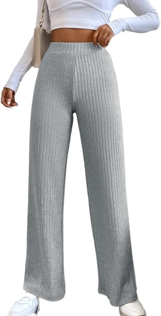 SECOLI Women's Straight Wide Leg Trousers Pants Light Grey Casual High Waist Straight Leg Pants