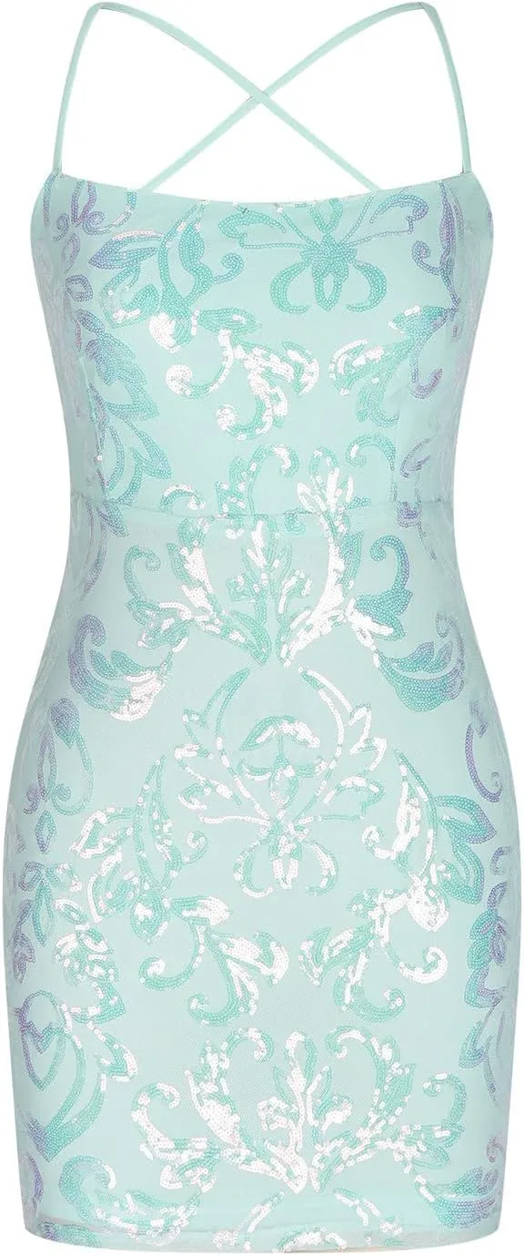 Sequin Dresses for Women Sparkly Sleeveless Bodycon Mini Dress Cutout Spaghetti Strap Gowns Slim-Fit Cocktail Dress