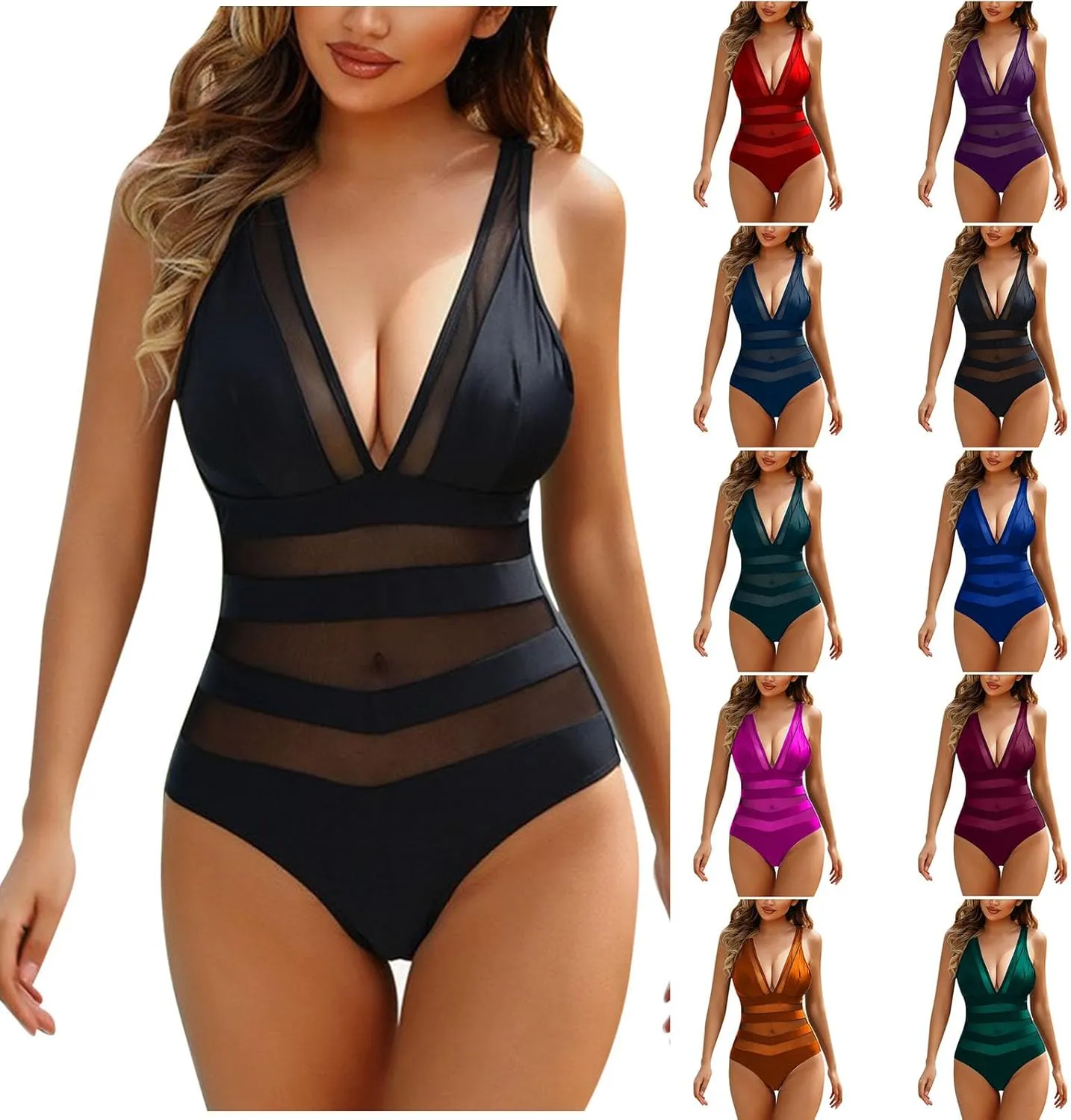 Sexy One Piece Swimsuit for Women Tummy Control Mesh Bathing Suit Trendy V Neck Push up Swimsuits Slimming Swimwear