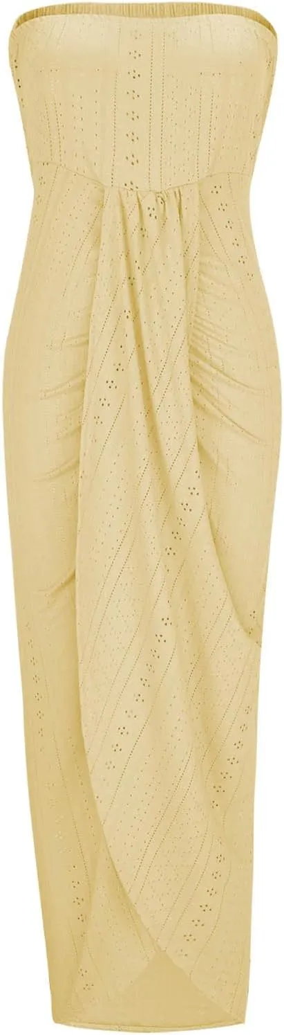 Sexy Strapless Ruched Summer Dresses for Women Trendy Eyelet High Waist Wrap Split Beach Cocktail Maxi Dresses