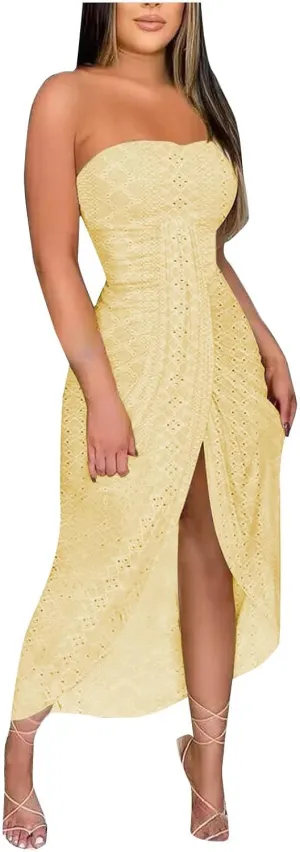 Sexy Strapless Ruched Summer Dresses for Women Trendy Eyelet High Waist Wrap Split Beach Cocktail Maxi Dresses