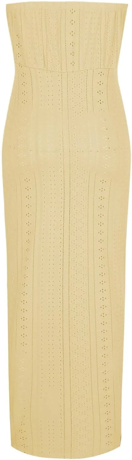 Sexy Strapless Ruched Summer Dresses for Women Trendy Eyelet High Waist Wrap Split Beach Cocktail Maxi Dresses