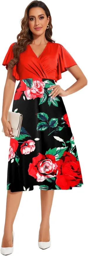 shengfan Women's Summer Short Sleeve Maxi Dresses Casual Deep V Neck Long Dress Club Party A-Line Dress