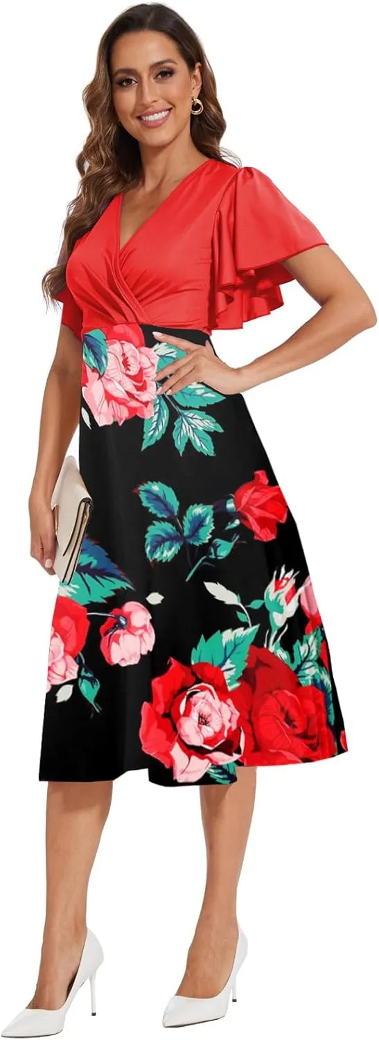 shengfan Women's Summer Short Sleeve Maxi Dresses Casual Deep V Neck Long Dress Club Party A-Line Dress