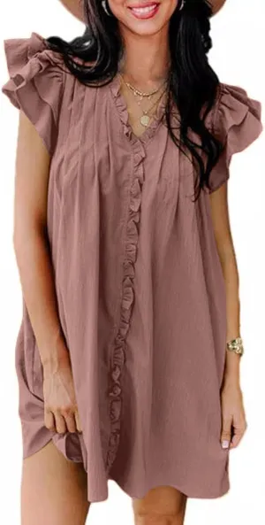 Shift Dress for Women 2024 Ruffle Sexy Mini Dress Cap Sleeve Solid Color Short Sleeve Pleated Casual Shirt Dress