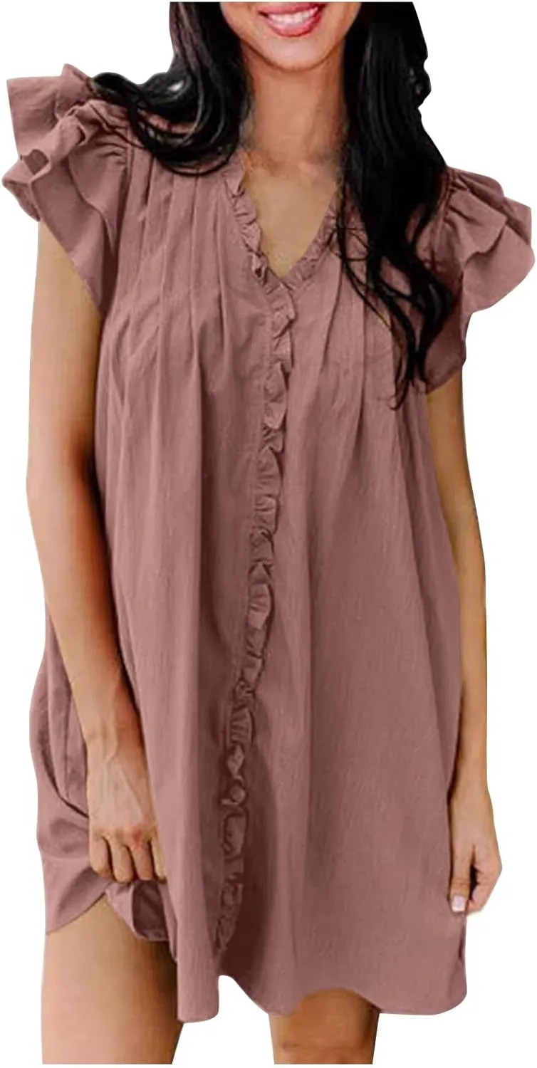 Shift Dress for Women 2024 Ruffle Sexy Mini Dress Cap Sleeve Solid Color Short Sleeve Pleated Casual Shirt Dress