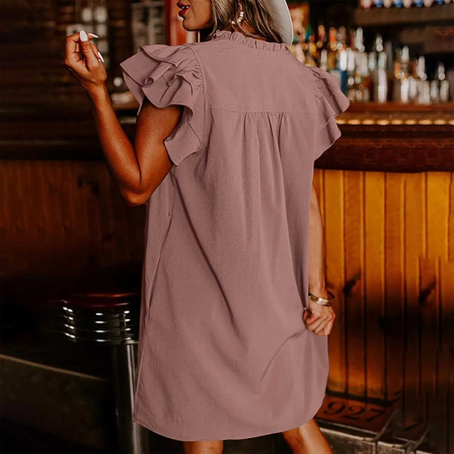 Shift Dress for Women 2024 Ruffle Sexy Mini Dress Cap Sleeve Solid Color Short Sleeve Pleated Casual Shirt Dress