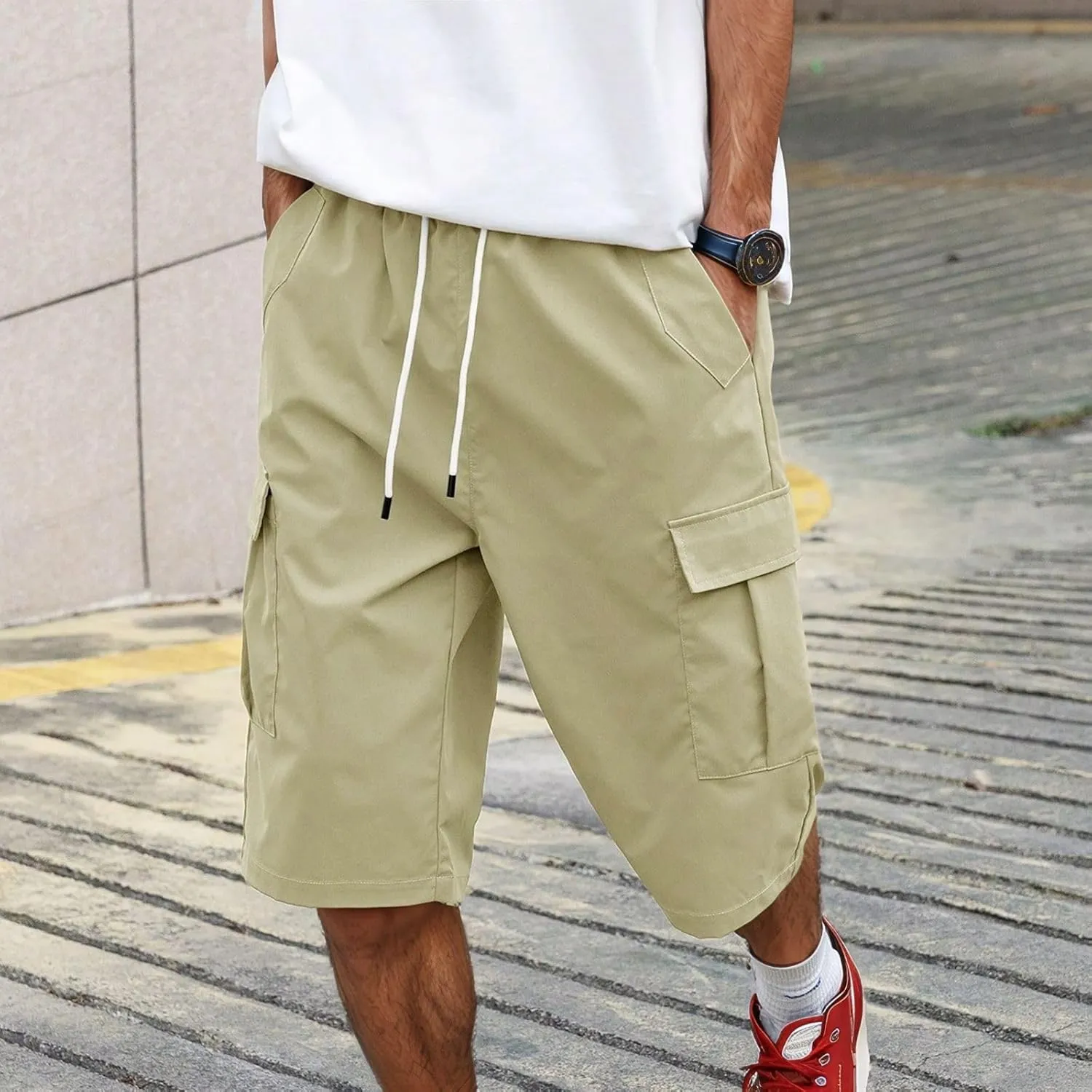 Shorts for Men 2025 Summer Casual Breathable Solid Color Elastic High Waist Pocket Mens Cargo Shorts