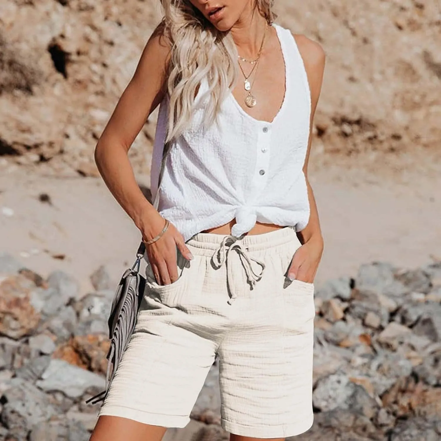 Shorts for Women Linen Shorts Elastic Waist Casual Lightweight with Pockets Cute Drawstring Summer Beach Shorts 2025 Fashion