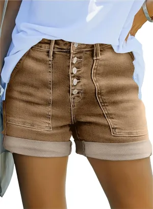 Sidefeel Womens Jean Shorts High Waisted Stretchy Buttoned Folded Hem Zimbaplatinum Denim Shorts