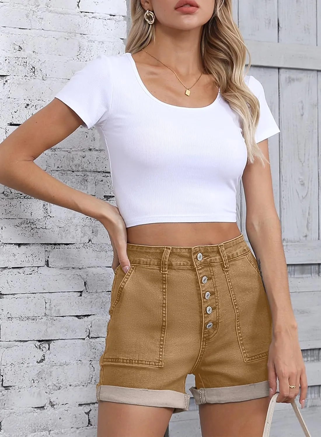 Sidefeel Womens Jean Shorts High Waisted Stretchy Buttoned Folded Hem Zimbaplatinum Denim Shorts