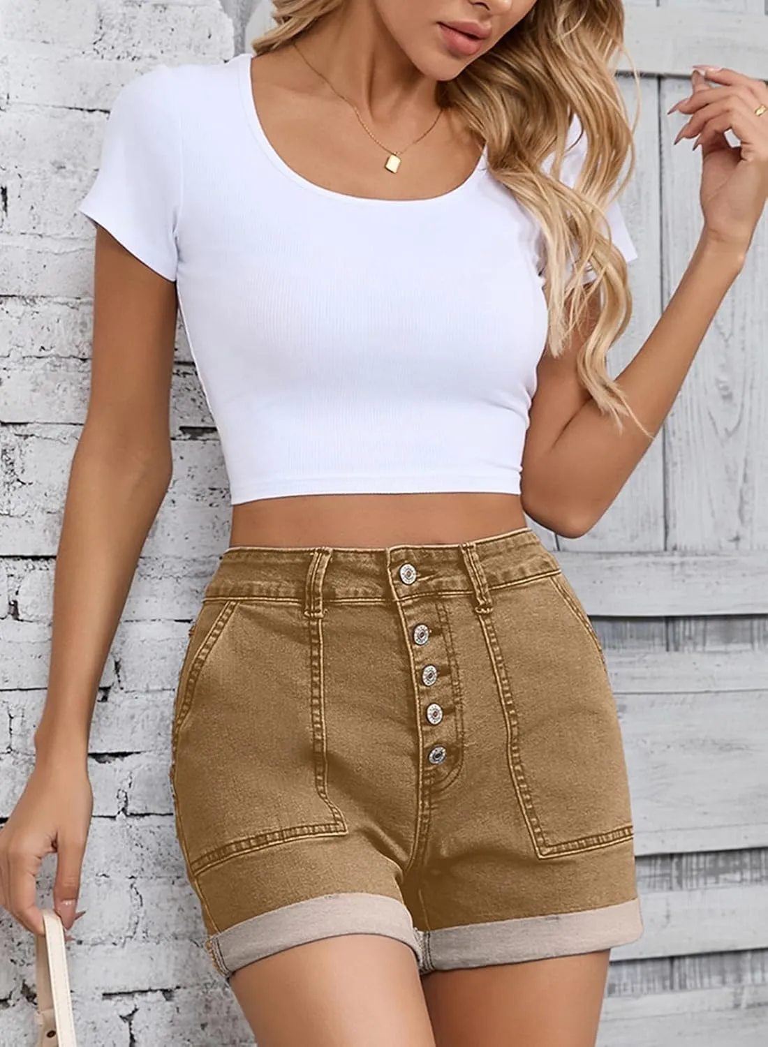 Sidefeel Womens Jean Shorts High Waisted Stretchy Buttoned Folded Hem Zimbaplatinum Denim Shorts