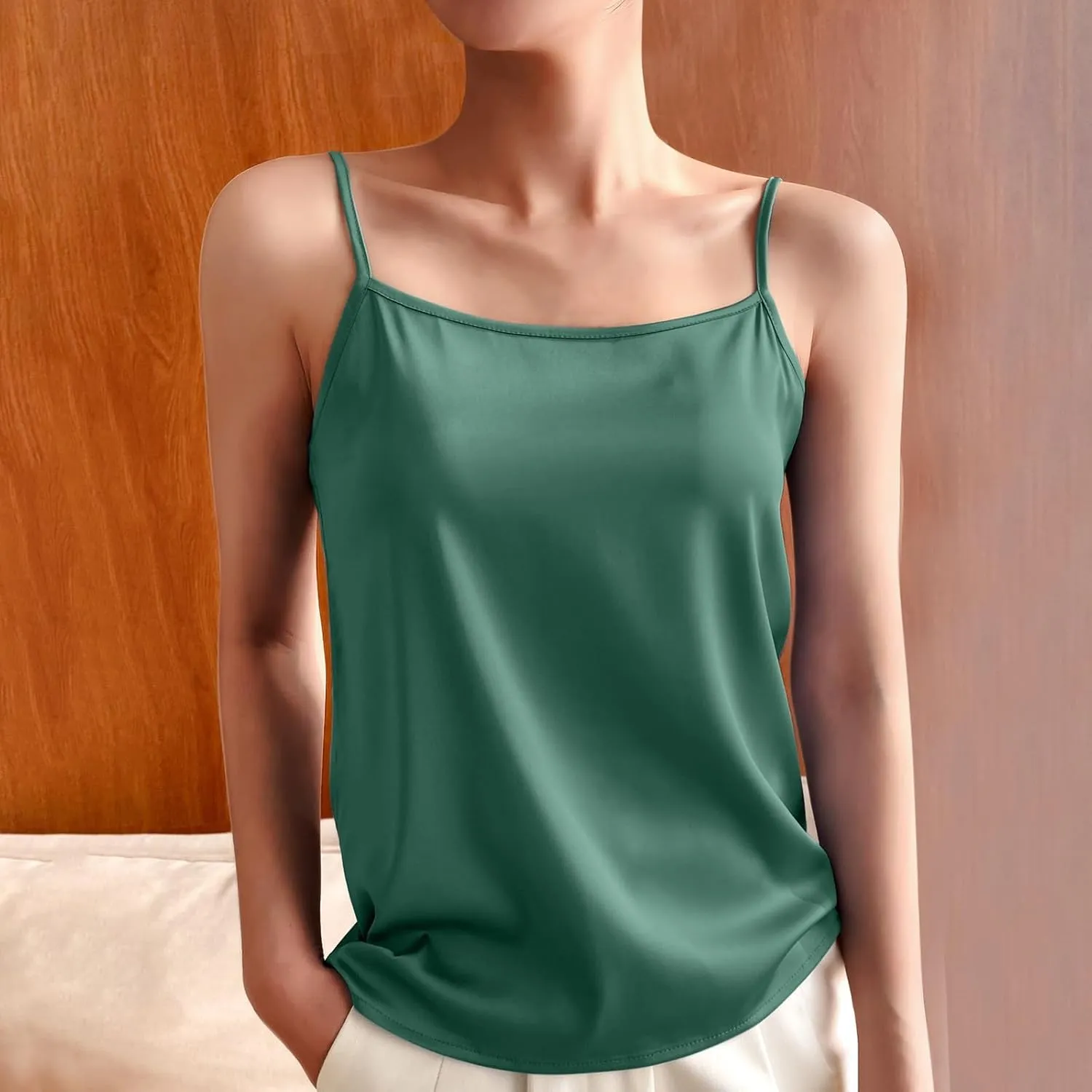 Silky Camisole Tops for Women Spaghetti Strap Tank Top Satin Cami Shirts Basic Undershirt Loose Sleeveless Blouse