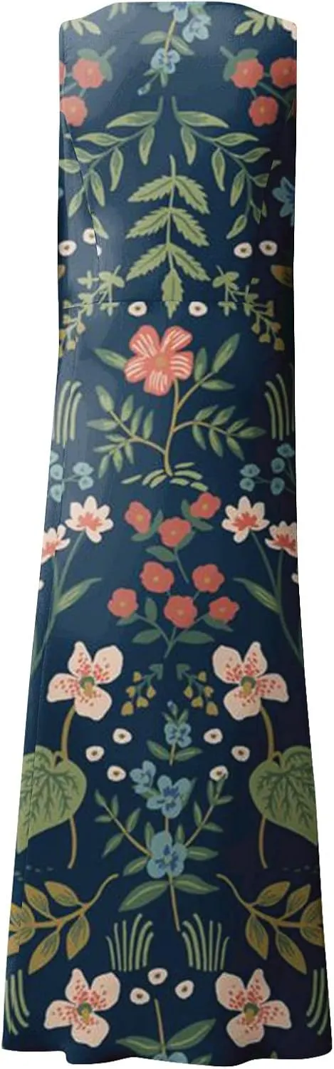 Sleeveless Dresses for Womens 2024 Beach Cotton Linen Floral Printed Dresses with Pockets Casual Flowy Long Dress