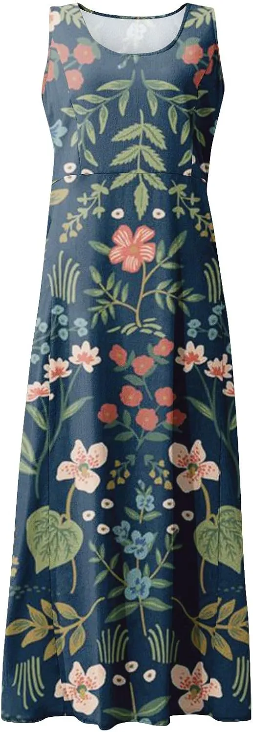Sleeveless Dresses for Womens 2024 Beach Cotton Linen Floral Printed Dresses with Pockets Casual Flowy Long Dress
