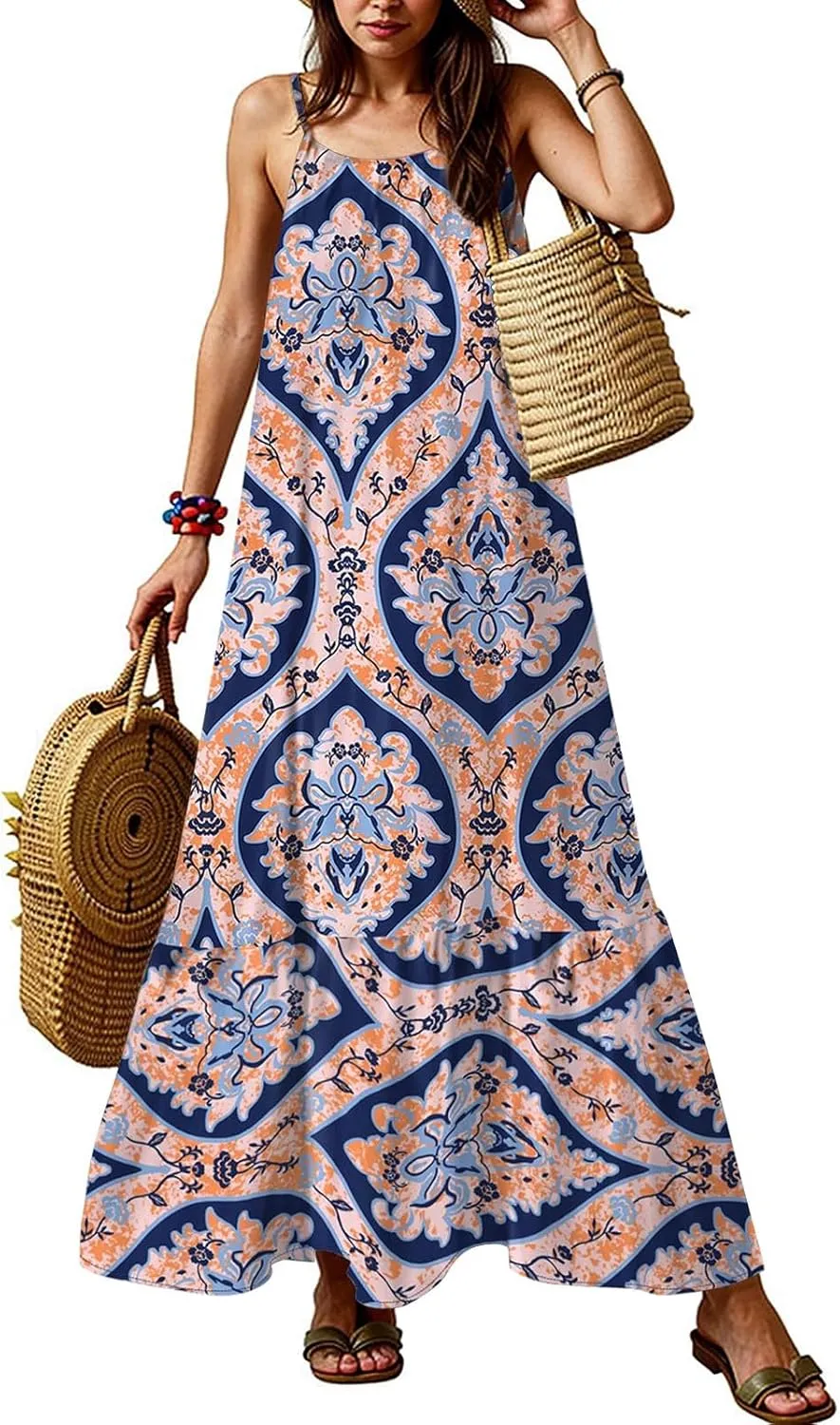 Sleeveless Maxi Dresses for Women 2025 Ruffle Spaghetti Strap Fashion Print Flowy Boho Dress Summer Vacation Dress